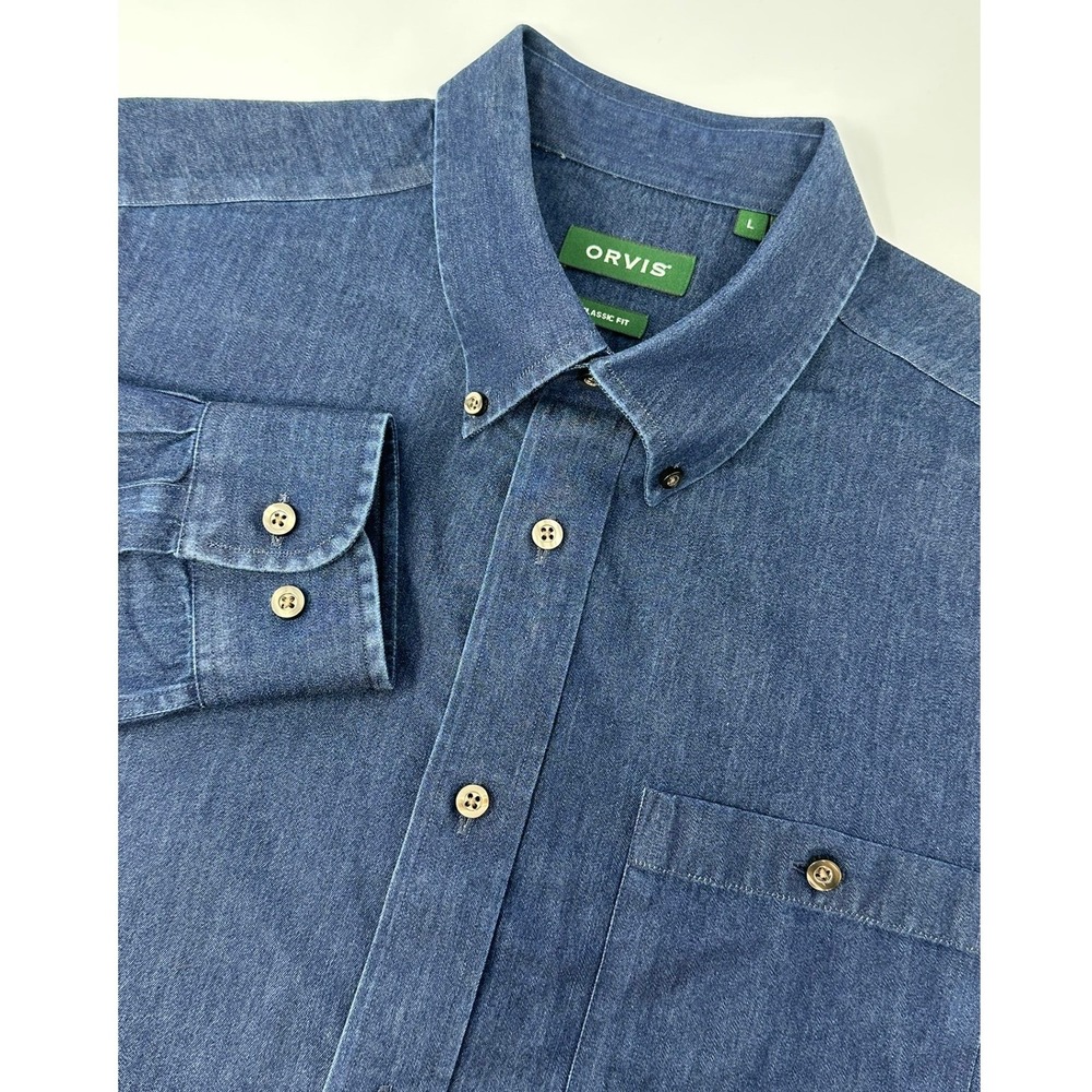 Orvis Mens Classic Fit Denim Button Down Shirt Long Sleeve Blue Cotton Large B5 - Picture 1 of 10
